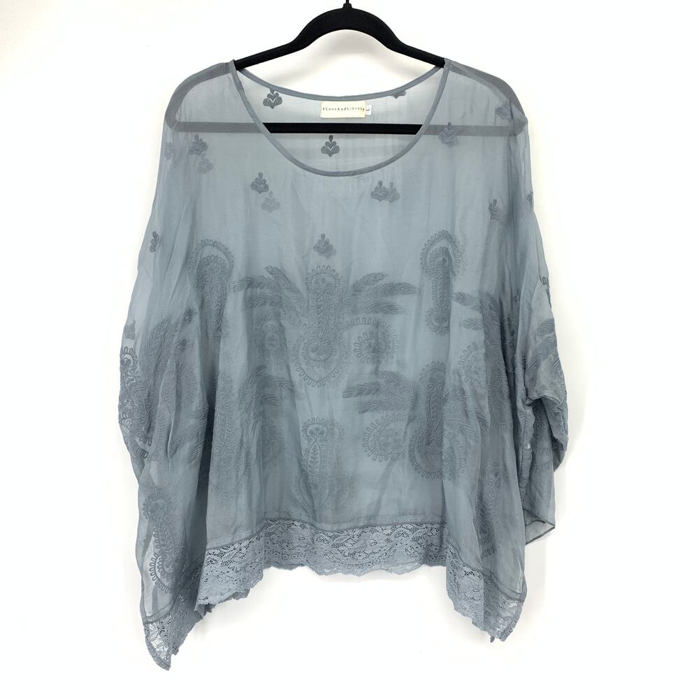 4 Love And Liberty Top Womens Large Blue Sheer Paisley Embroidery Scalloped Hem